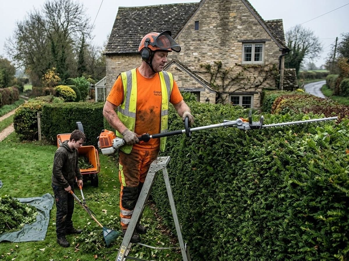 Worker trimming a tall hedge from a stepladder while a colleague clears the cuttings