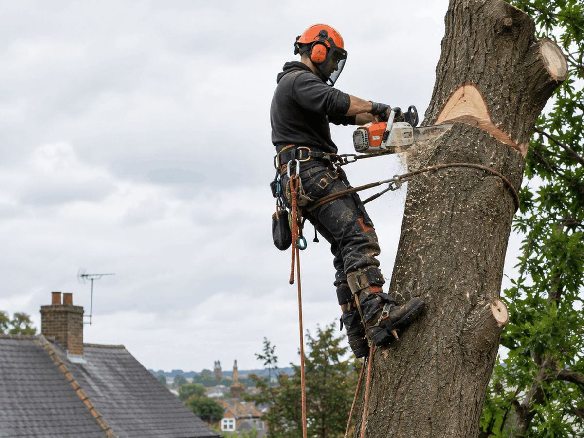 Climber with a chainsaw taking a tree down in sections beside a house