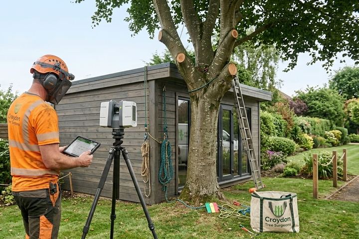 Arborist surveying a tree beside a garden building with a laser scanner and tablet