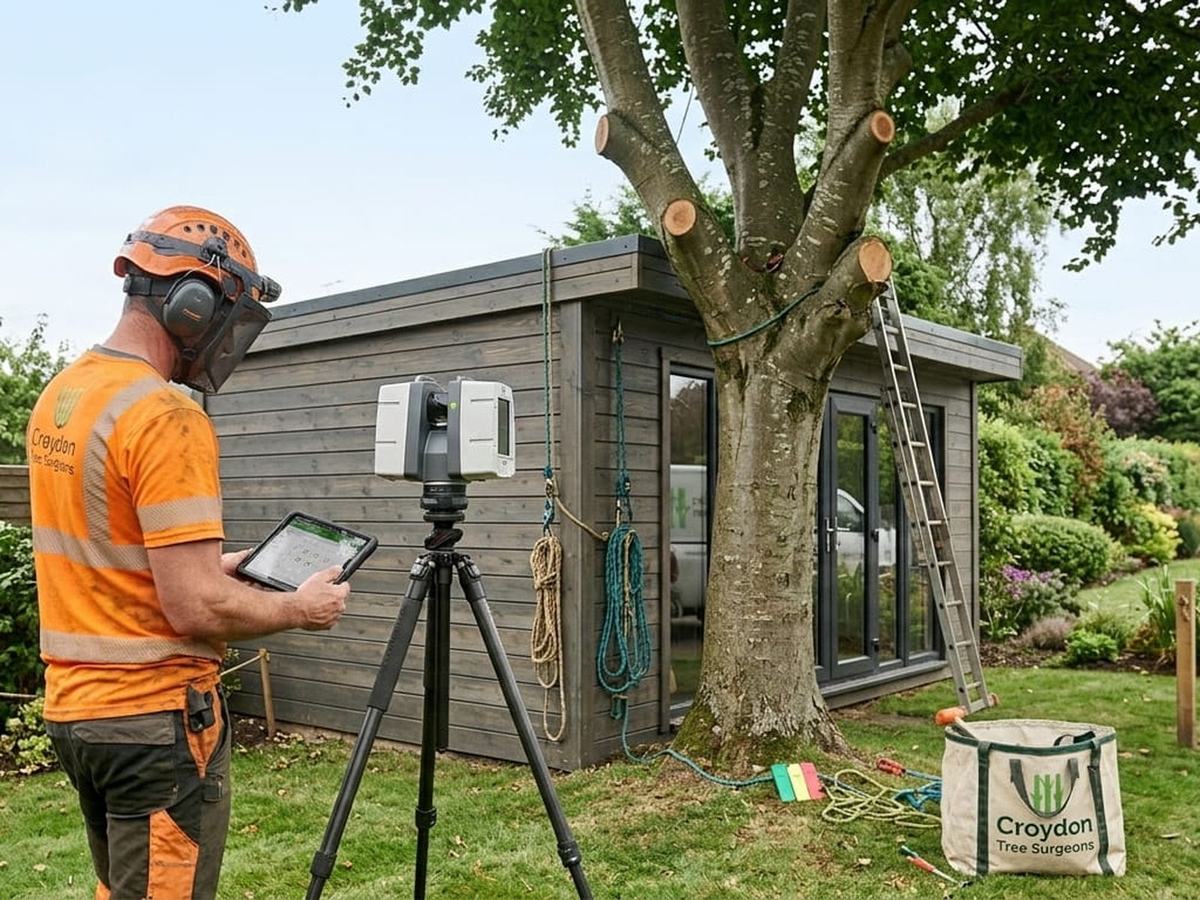 Arborist surveying a tree beside a garden building with a laser scanner and tablet