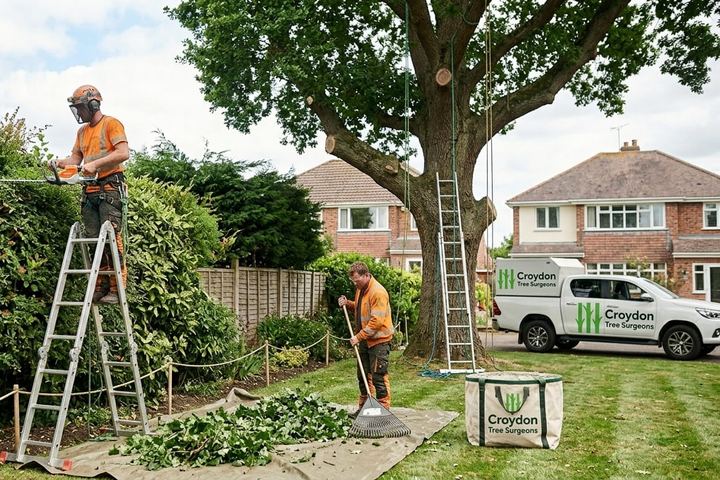 Team working on a large oak beside houses, with ladders, ropes and ground protection