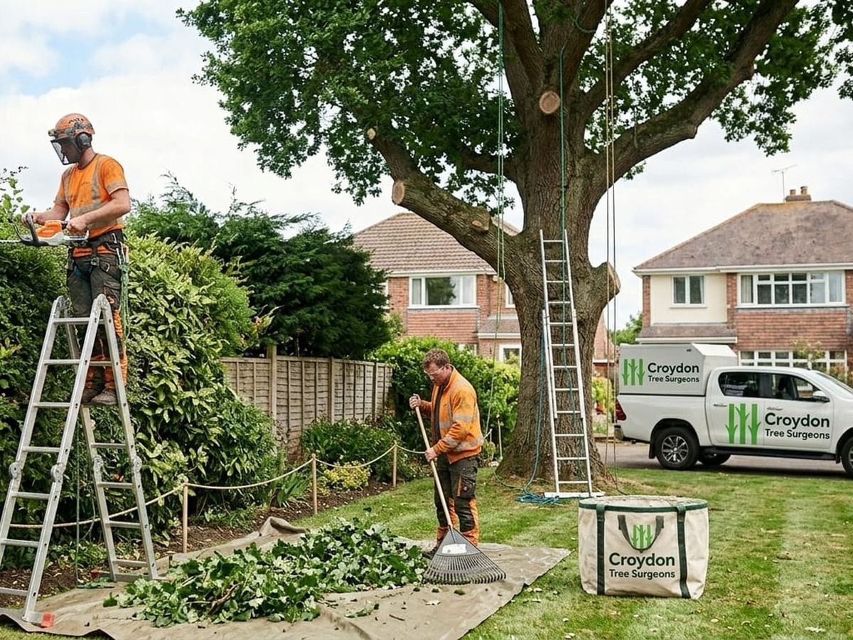 Team working on a large oak beside houses, with ladders, ropes and ground protection